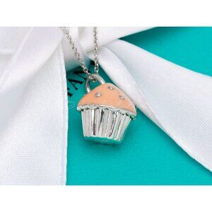 Tiffany & Co. Baker's Cupcake Pendant Pink Peach Frosting Charm Necklace Silver